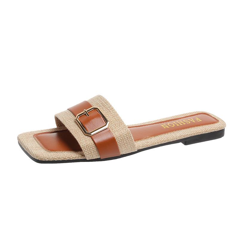 Cool Slippers Women's Summer New Flat-bottomed Large-size One-word Drag Fashion Belt Buckle Open-toed Slippers