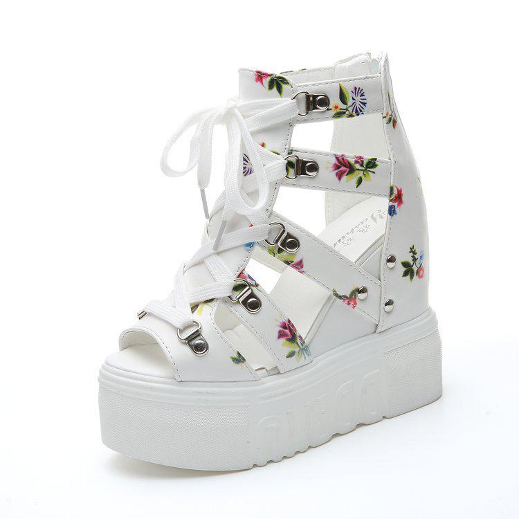 2021 Summer New Roman Sandals High Heel Color Matching Cross Strap Women's Shoes 12cm High Heel Wedge Heel Fish Mouth Shoes