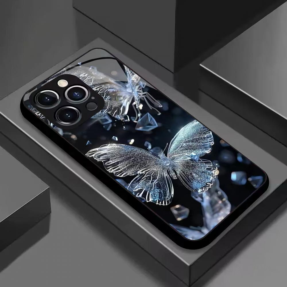 Diamant-Schmetterlingsmuster gehärtetes Glas Handyhülle geeignet für iPhone 17 16 15 14 13 12 11 Pro/Max/Plus Sturzfestes Rückcover