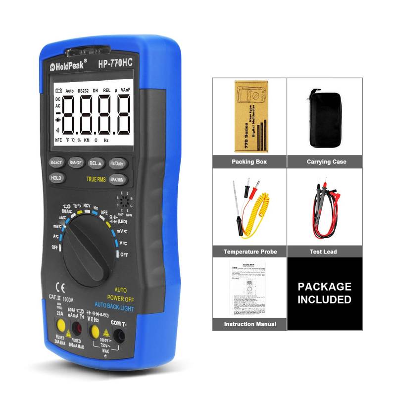 Multimetro HoldPeak HP-770HC True RMS Auto Ranging Digital Multimeter with NCV Feature and Temperature/Frequency/Duty Cycle Test