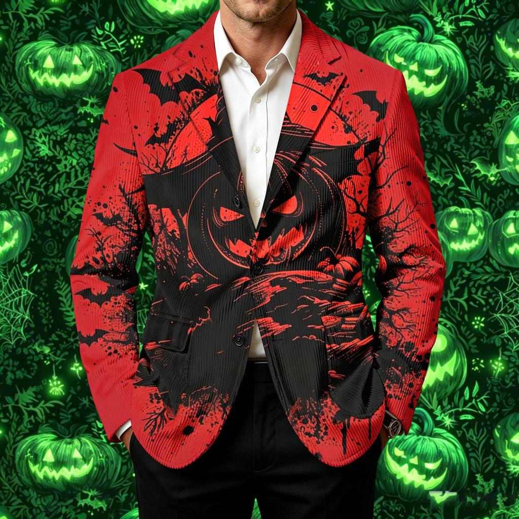 Men's Corduroy Business Casual Jacket with Halloween Print