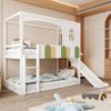 Bunk Bed Children's Bed 90*200 Cm House-Shaped Frame with Windows, Irregular Multicolor Railing Design, with Slide and Safety Ladder, Loft Bed, White