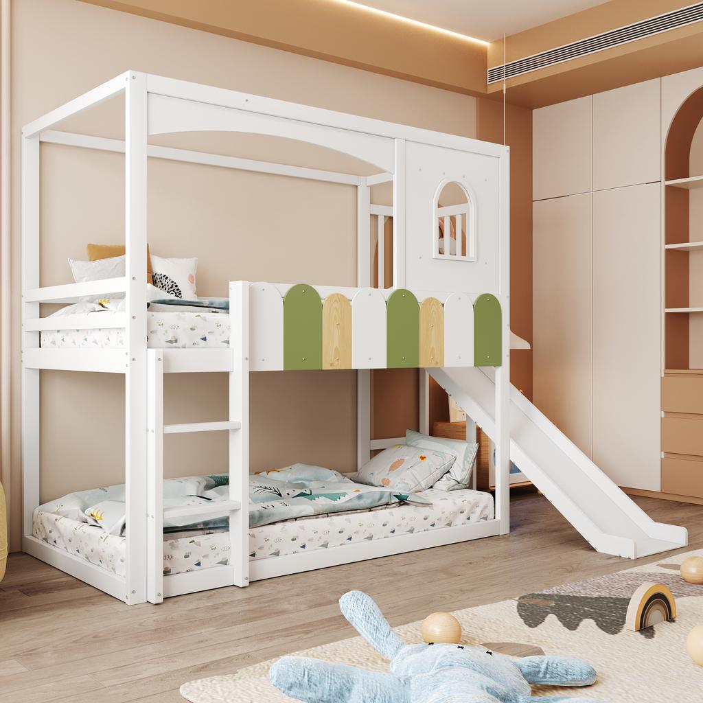 Bunk Bed Children's Bed 90*200 Cm House-Shaped Frame with Windows, Irregular Multicolor Railing Design, with Slide and Safety Ladder, Loft Bed, White