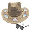 Solvanger Cowgirl Stråhatt Prismatisk Hatt med Bred Brem Vestlig Cowboyhatt med Iridescent Måne Stjerne/Hjerte Håndvevd Sol Strandhatt med Solbriller for Kvinner