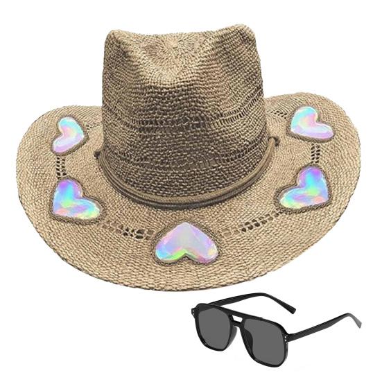 Solvanger Cowgirl Stråhatt Prismatisk Hatt med Bred Brem Vestlig Cowboyhatt med Iridescent Måne Stjerne/Hjerte Håndvevd Sol Strandhatt med Solbriller for Kvinner