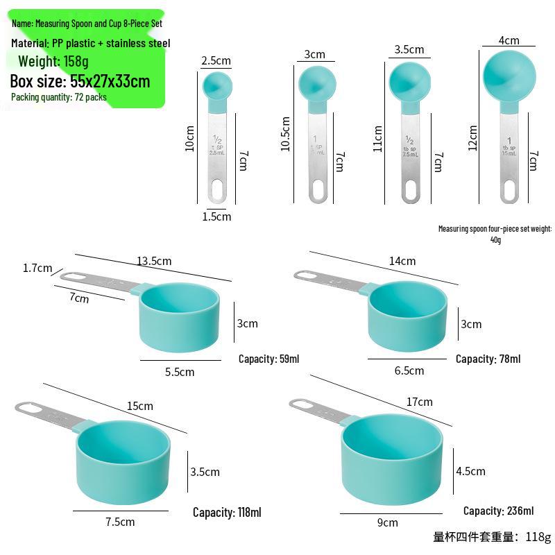 8-Piece Stainless Steel & Colored Plastic Measuring Spoon and Cup Set with Scale for Seasoning and Milk Powder