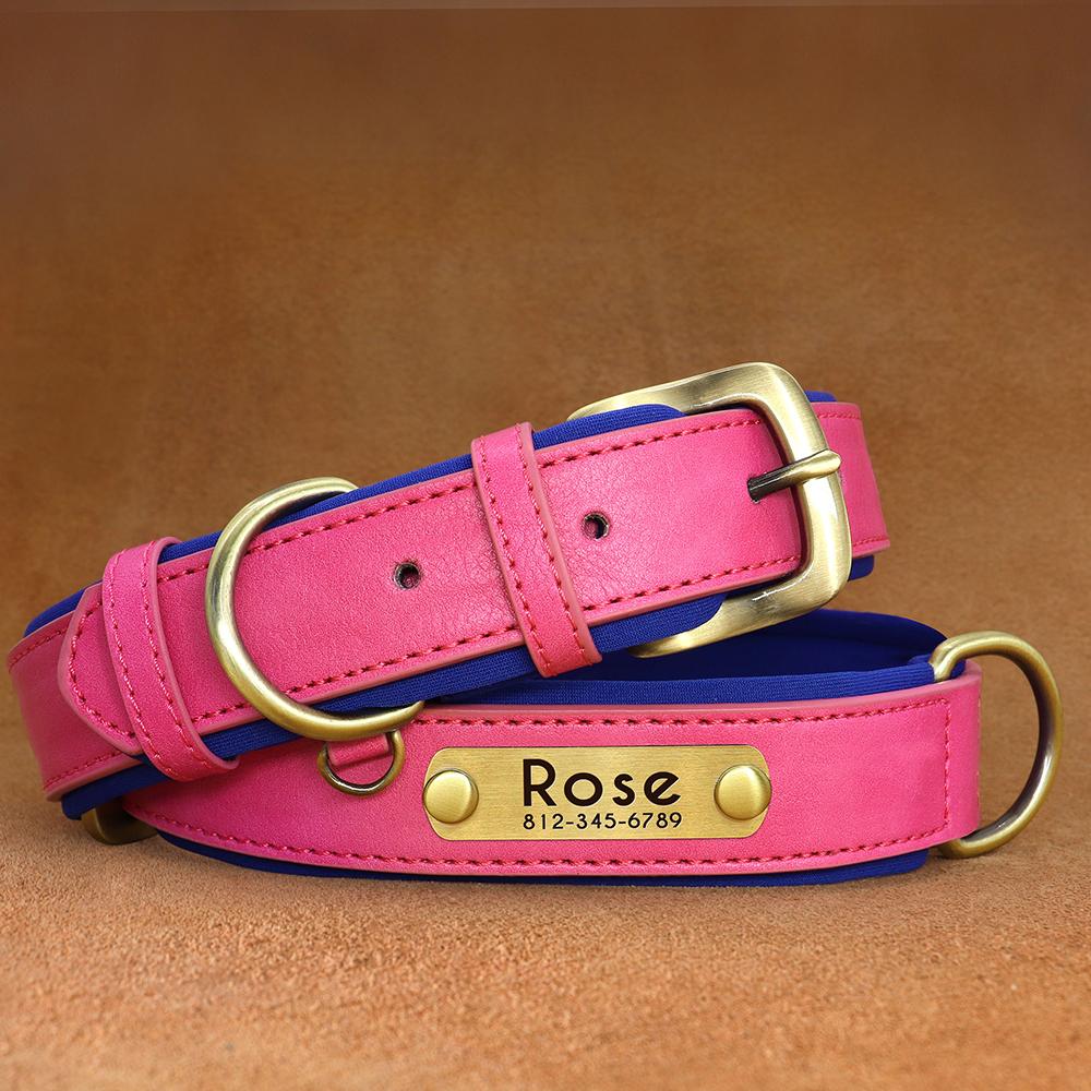 Custom PU Leather Dog Collar Free Engraving Dog Collars Adjustable Pet Pitbull Necklace Soft Padded for Small Medium Large Dogs