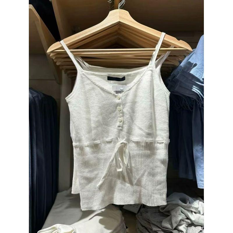 

Вязаный топ с отделкой на талии, на бретелях-спагетти, женский, летний, новая коллекция, повседневный, облегающий, сексуальный, универсальный, милый и пикантный, однотонный, жилет White-three button All yards