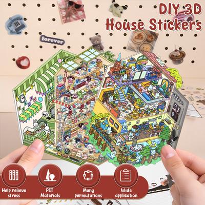 DIY 3D House Stickers Cute Versatile Home House Scene Stickers Reusable Cartoon Scene Stickers Safe 3D Miniature Scene Stickers