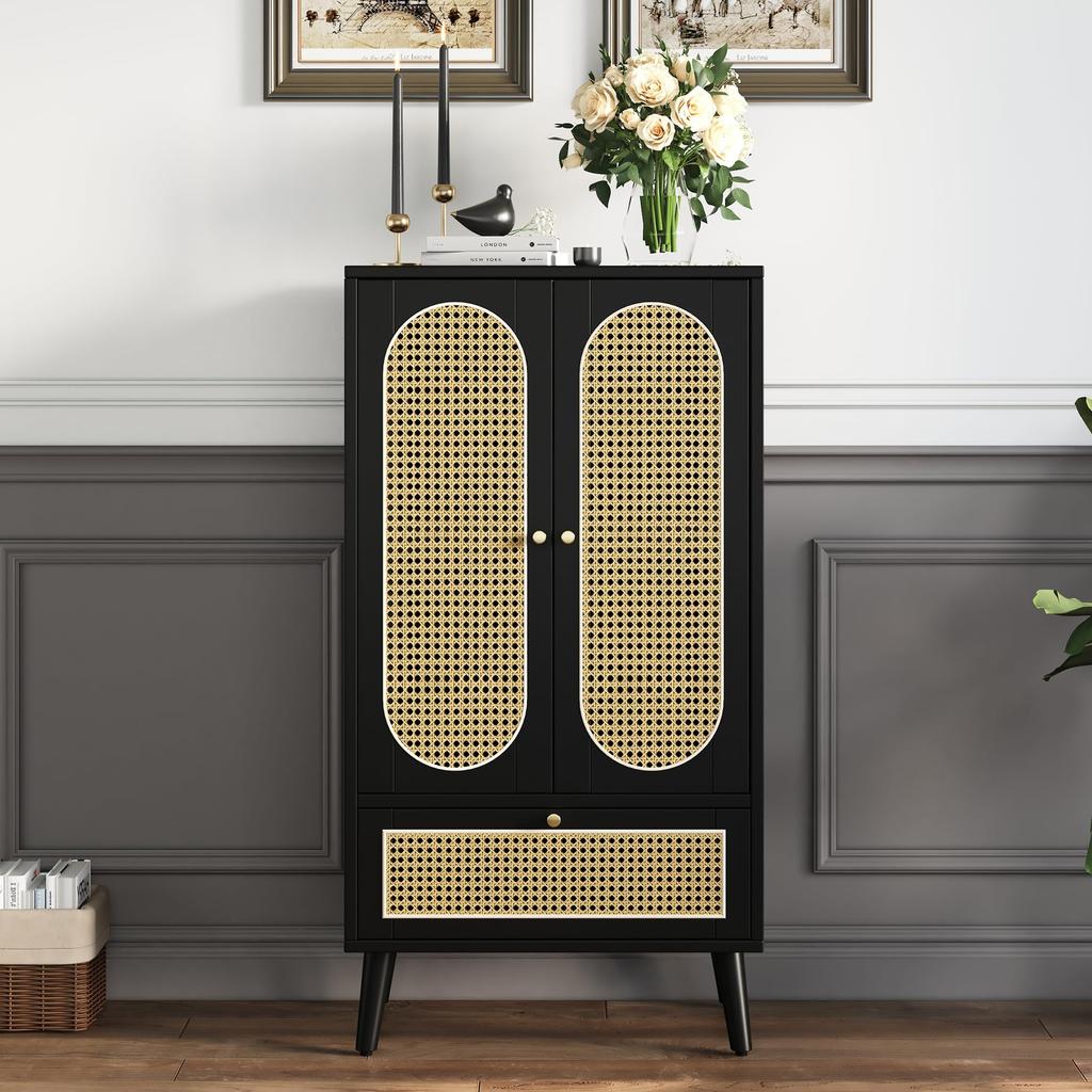 Kommode 2 Türen 1 Schubladen, Modern Highboard Küchenschrank aus Holz Rattan Türen, Schlafzimmer & Wohnräume & Büro, Schwarz, 60 x 40 x 110,5 cm