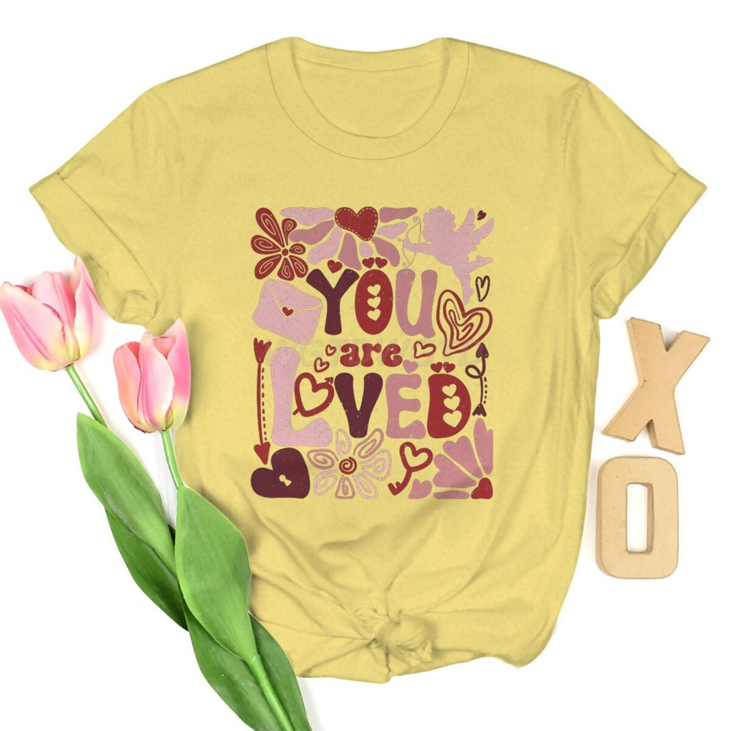 You Are Loved Graphic T Shirts Women Boho Valentine Floral Design Womens Clothing Valentines Day Heart Coquette Retro Tee Top