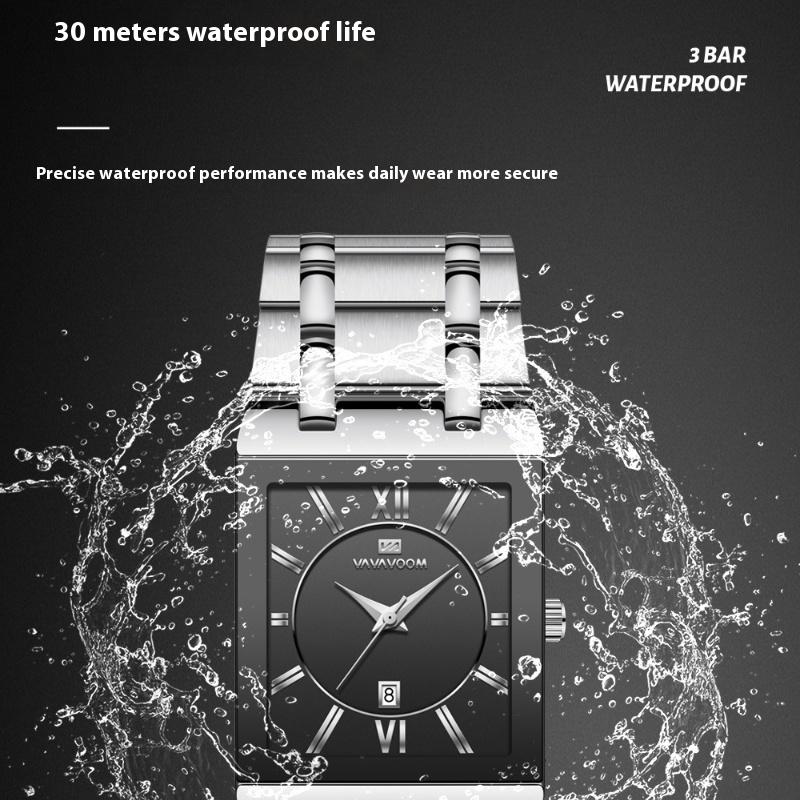 VA VA VOOM Rectangle Stainless Steel Men's Steel Strap Watch Gold Business Calendar Quartz Waterproof Watch Large Dial