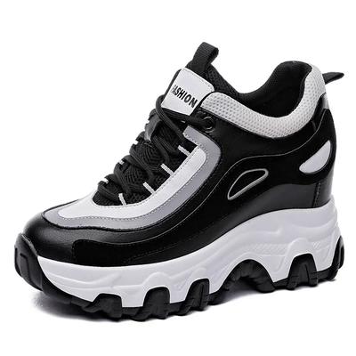 Moda 9CM Plataforma de couro genuíno Cunha Salto oculto Sapatos casuais femininos Tênis grossos Za Ins Moda Tênis quentes de inverno Bota
