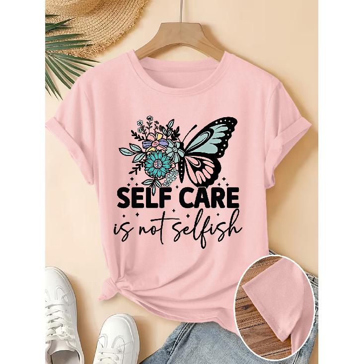 Elegant Women's Short-Sleeve Floral Butterfly Gift SELF CARE Letter Print Pattern Retro Round Neck T Fresh and Natural Style Loose-fitting Shirt