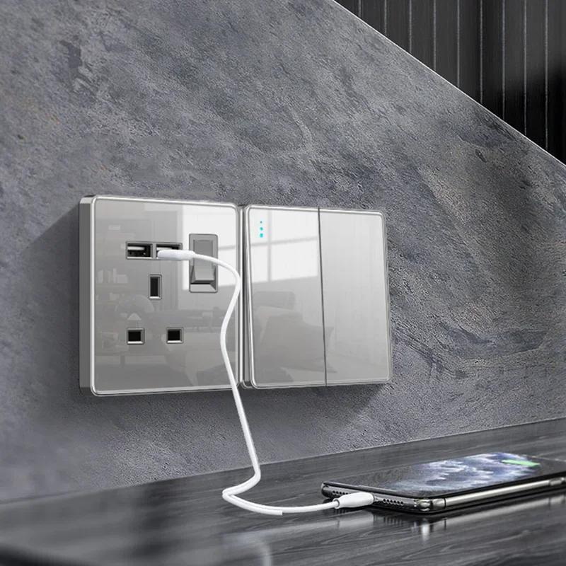 Deluxe Grey Tempered Glass Panel UK 13A Plug Electrical Socket, Double 5 Pin Socket and Switch, EU Universal USB C Wall Socket