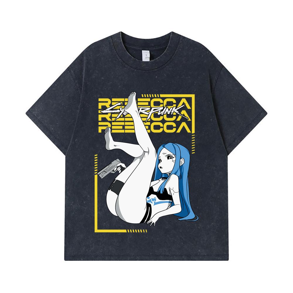 275 GSM Washed T-shirts 100% Cotton Cyberpunk Edgerunners V4 Rebecca Print Unisex Heavy Cotton T Shirt