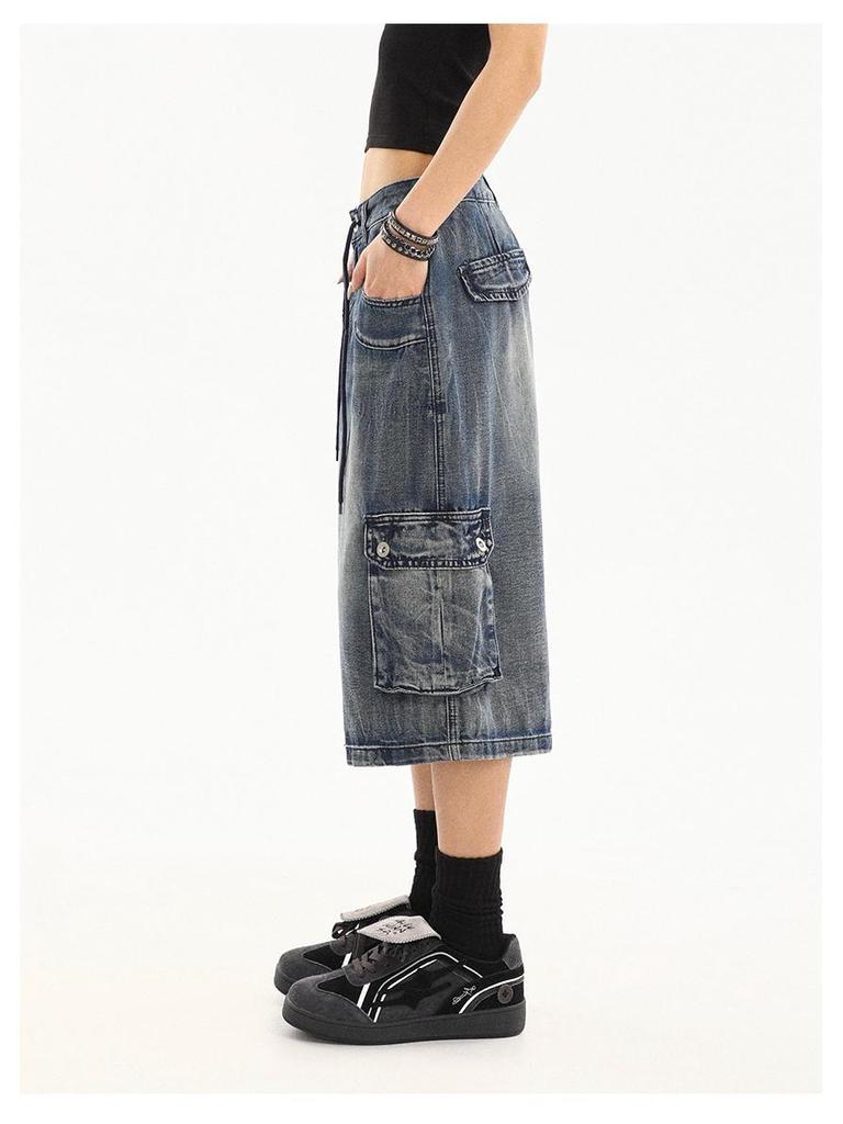 American Retro Women's Denim Capri Pants - Distressed, Multi-Pocket, Loose Straight Leg Design