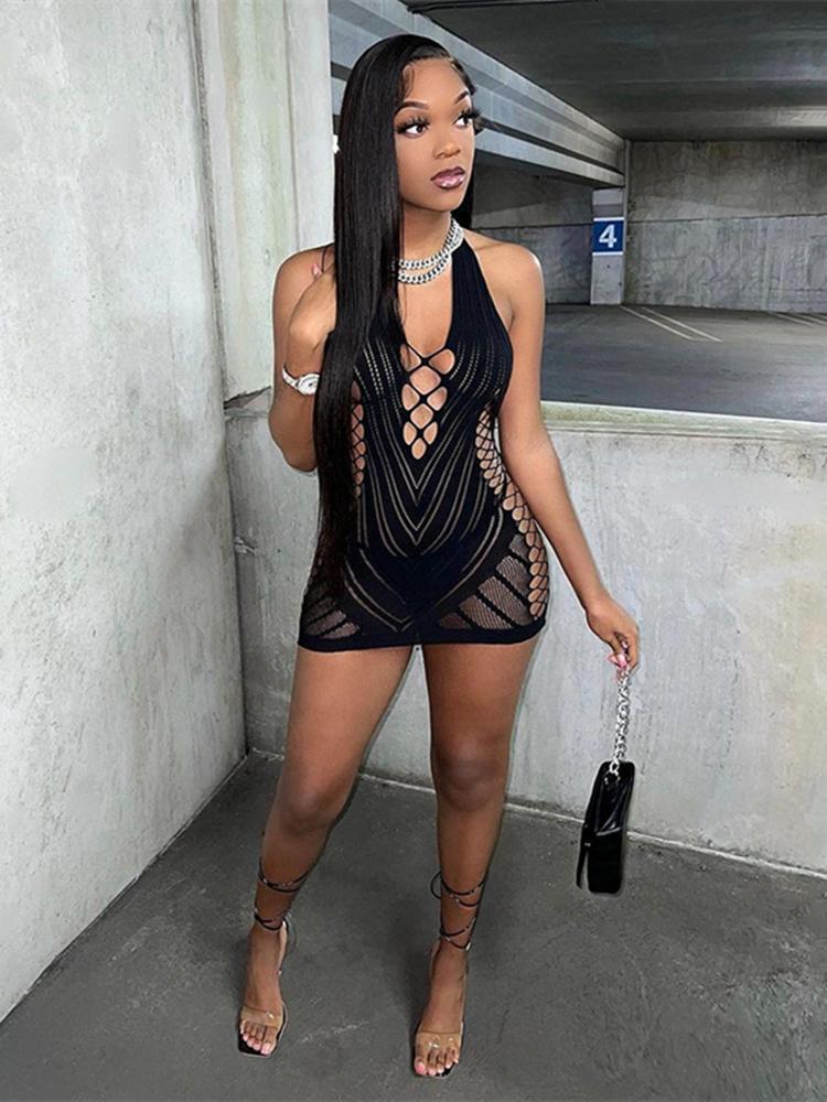 Transparent Lace Short Dress Backless Hollow Halter Nightgown Sexy Women'S Pajamas Nightwear Nightdress Party Club Mini Dresses