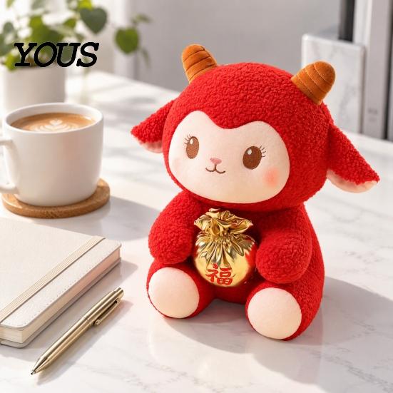 Lucky Bag Lamb Plushie Sheep Plush Toy, Chinese New Year Zodiac Wealth Mascot Doll, Red Fluffy for Spring Festival, Gift Party Souvenir