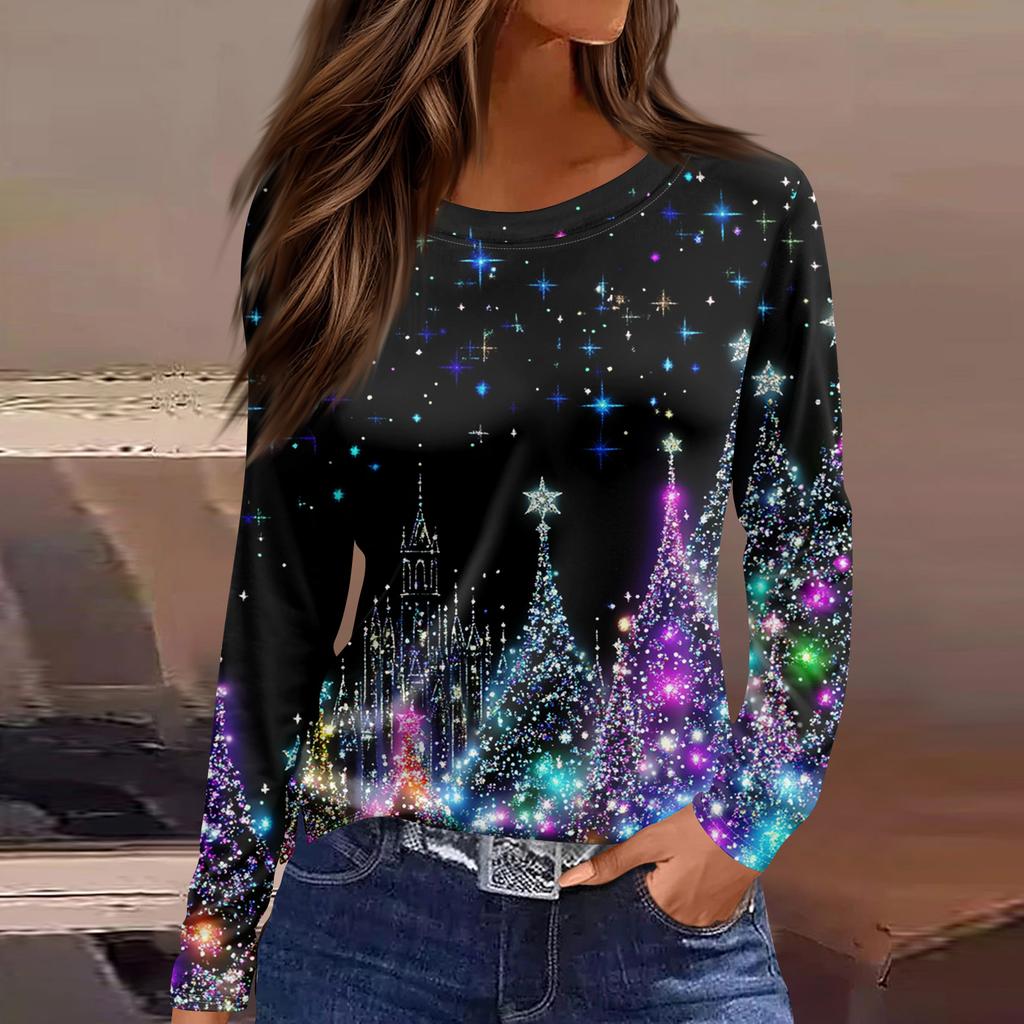 Women's Fashion Casual Slit Hem Round Neck Long Sleeve Loose  Printed T-Shirt Ladies Top