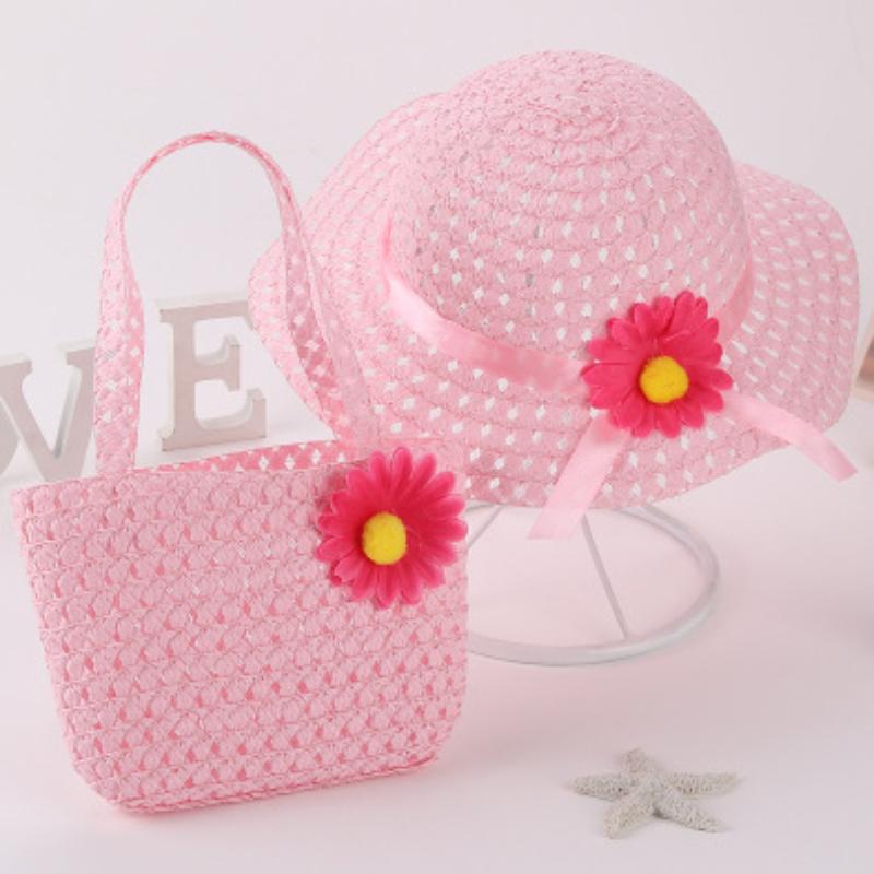 Kids Charm Princess Straw Baby Girl Sun Beach Hat Flower Cap & Handbag Lovely Summer