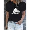 T-shirt Graphique Voilier Noir Blanc pour Femme Respirant Col Rond pour l'Été Manches Courtes Harajuku Hauts T-shirts
