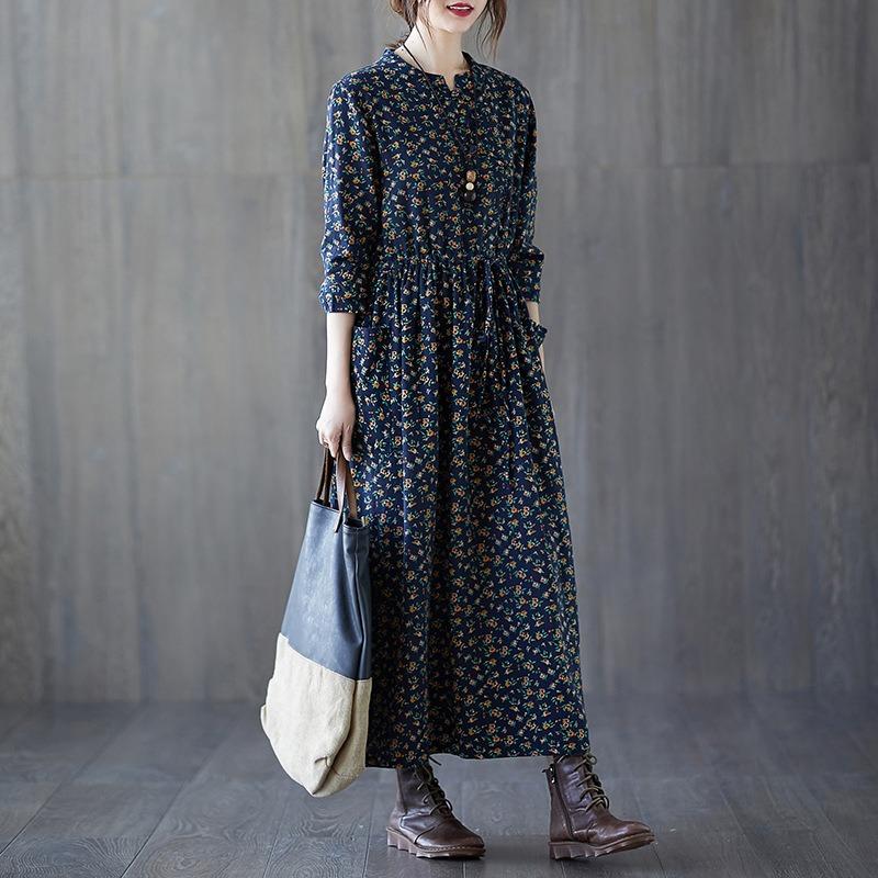 Loose Women's Floral Lace Up Cotton and Linen Dress