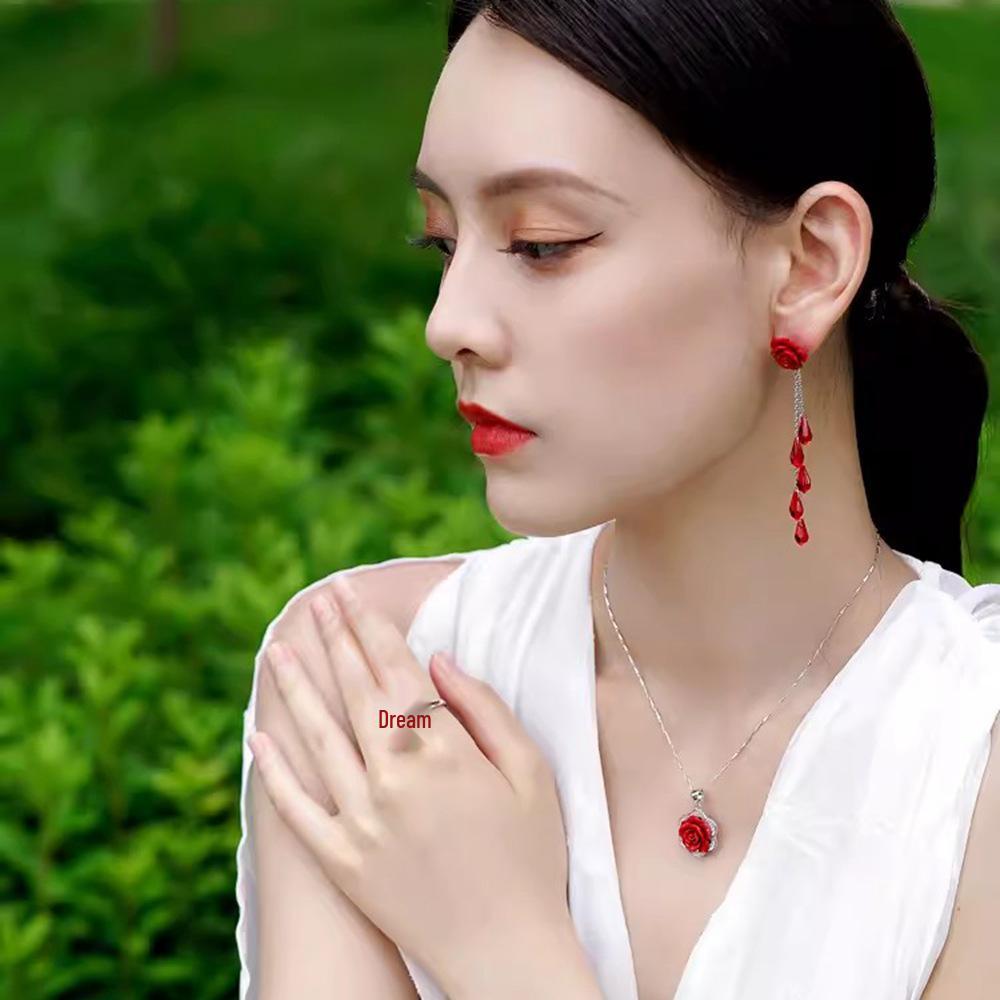 February Rose Silver Needle Red Flower Stud & Dangle Earrings – Elegant Women’s Jewelry