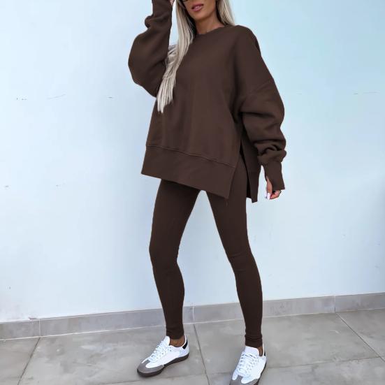 2 Pcs/Set Women Top Pants Suit Round Neck Long Sleeve Irregular Hem Sweatshirt Elastic Waist Solid Color Trousers Winter Daily Wear Tracksuit