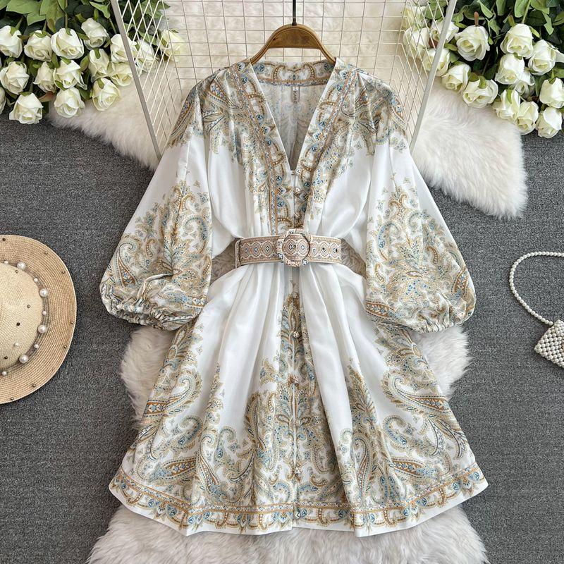

Autumn Clothing New Arrival French Retro Print Single-Breasted V-neck Lantern Sleeve Waist Mid Length Long Length Small Size Dress Tide White XL