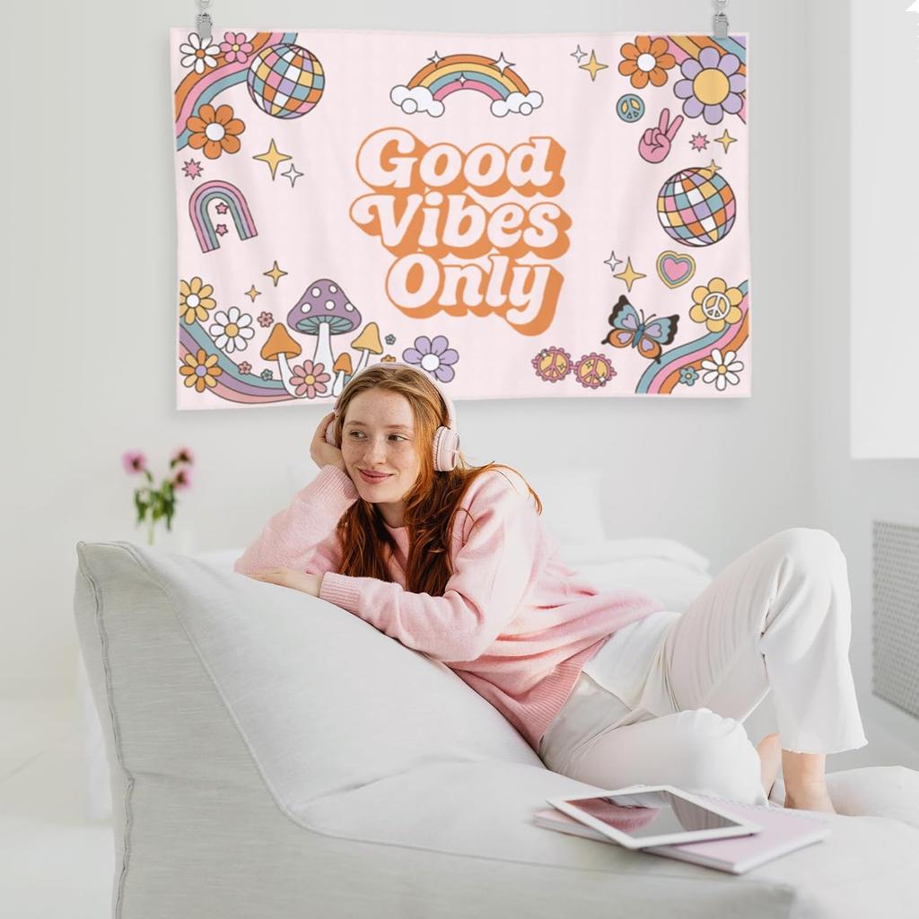 Groovy "Good Vibes Only" Tapestry, Calming Wall Art with Retro Flowers, Mushrooms & Disco Balls, Ideal for Home & Teen Spaces