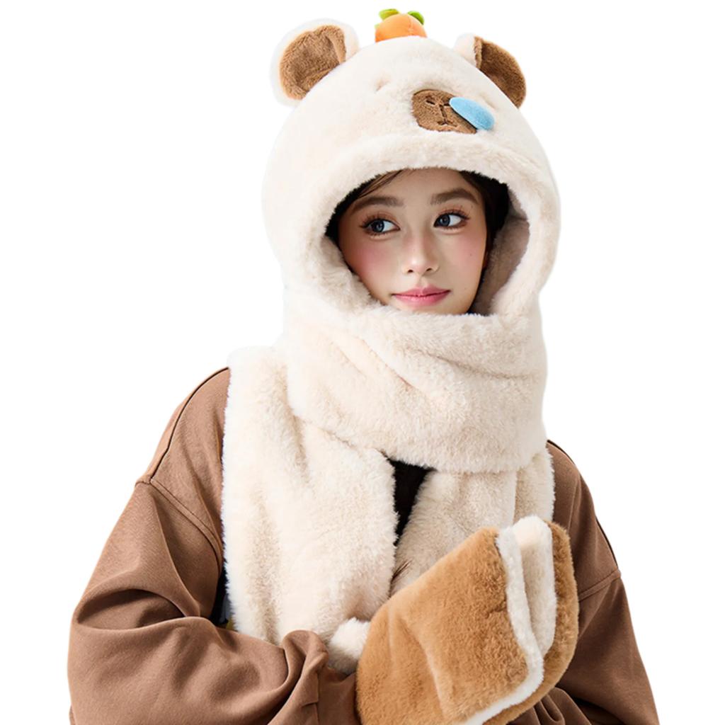 Furry Cartoon Head Cover with Scarf Gloves Set Thicken Furry Hat Oversized Headgear Hat for Winter Commute