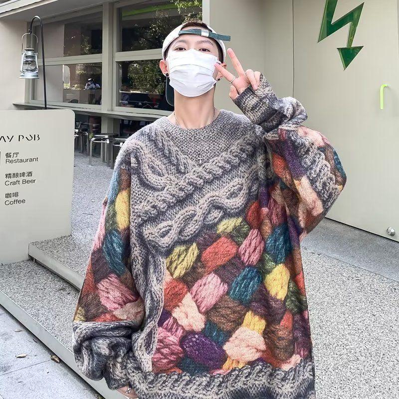 3D tištěný pánský svetr s kulatým výstřihem volný oversized vintage pulovr pletený top