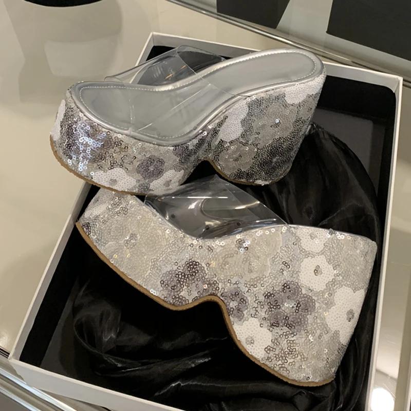 Fashion Women Shoes Sexy 13CM Super High Heels Wedges Slippers for Women Sequined Thick Bottom Open Toe Party Dress Shoe Platform Sandal