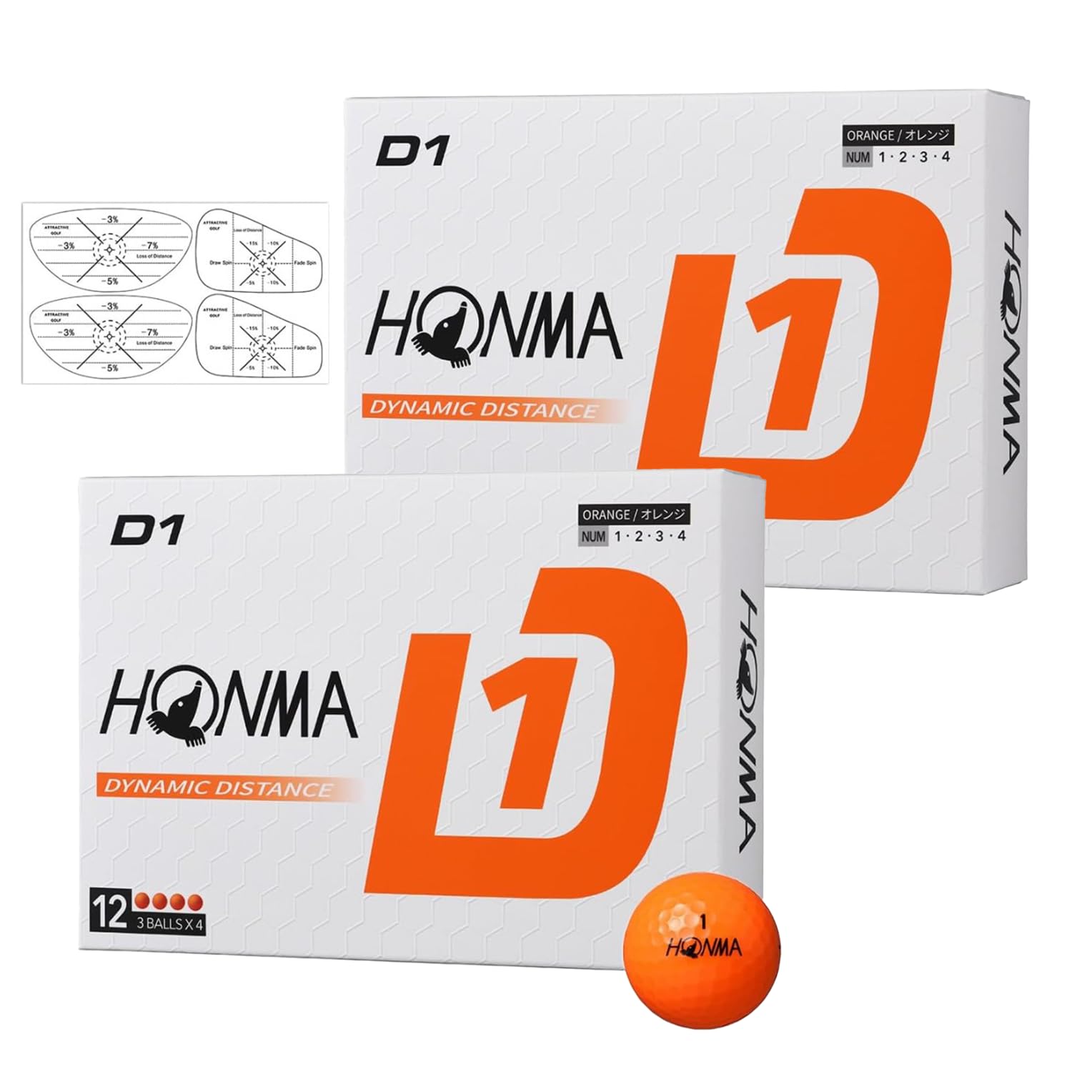Honma Golf D1 Golf 2024 2 дюжины с маркерами для ударов Мячи, Модель, BT2401, (24 мяча), Апельсин, оранжевый