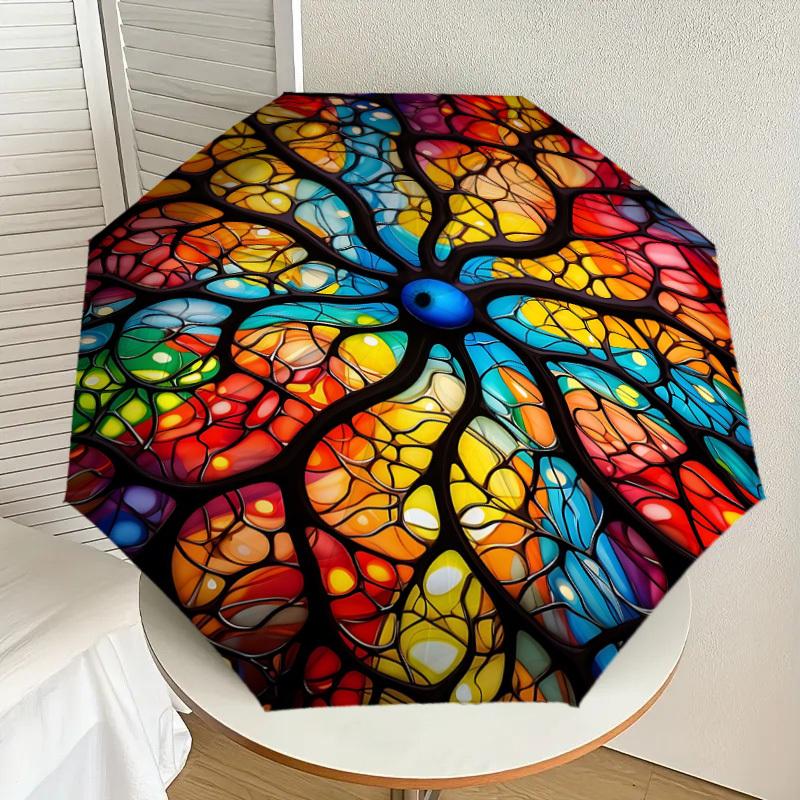 1PC Stained Glass ArtworkAutomatic Open/Close Umbrella with Windproof, 8-Rib Sturdy Canopy, Durable Ribs, Fashionable Design1272A