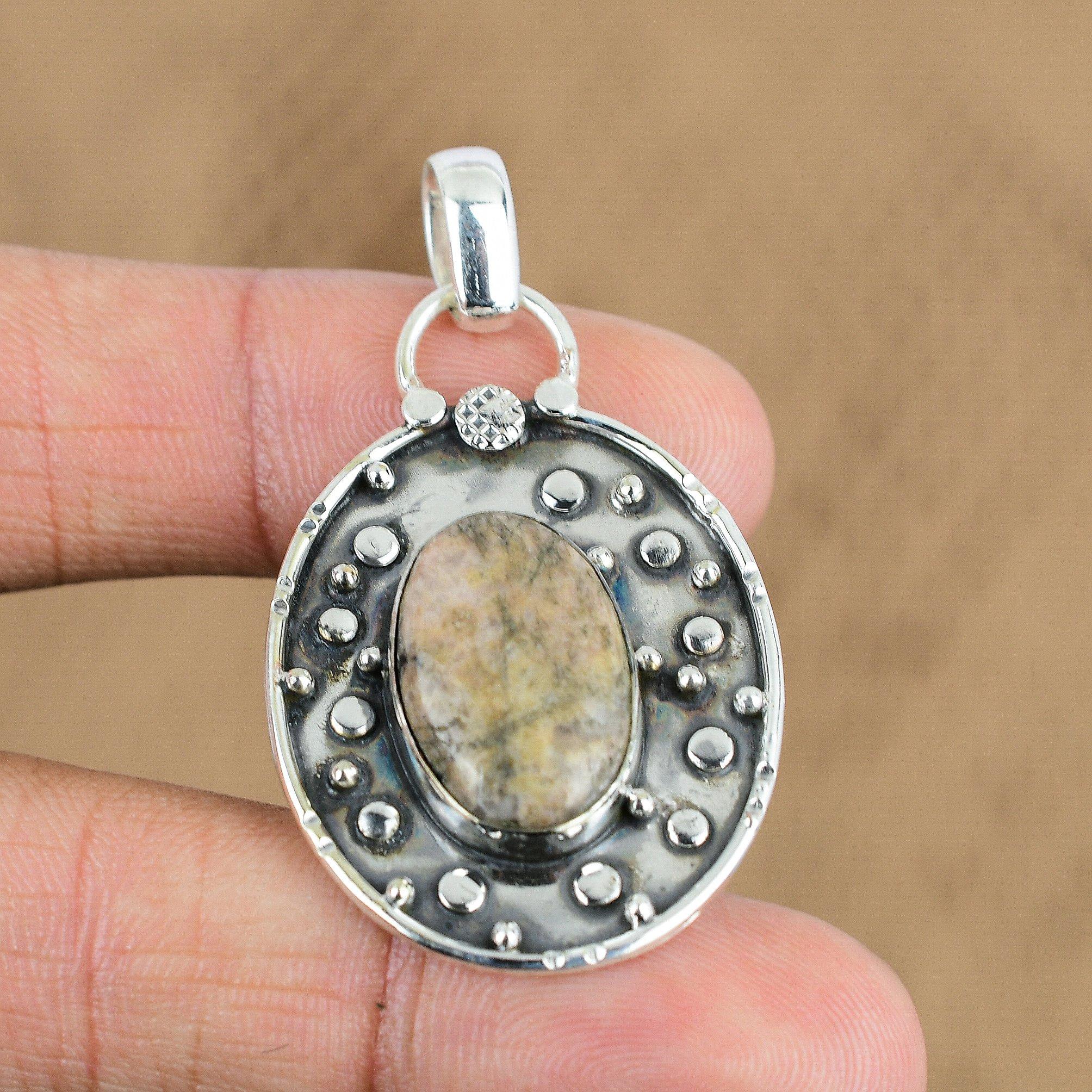 

Natural Unakite Gemstone Pendant 925 Sterling Silver Indian Jewelry For Girls