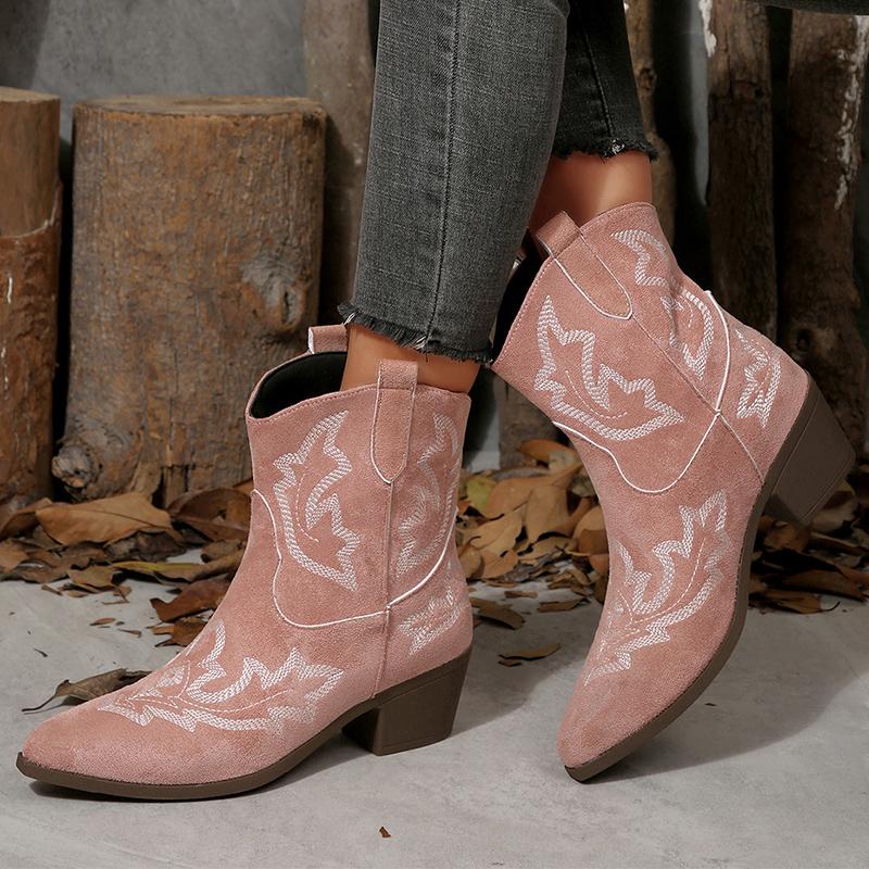 Fashion Vintage Embroidery Pattern Boots Women 2025 Square Heel Pointed Toe Ankle Boots Woman Comfortable Faux Suede Booties Mujer