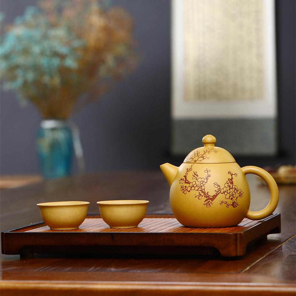 Yixing Handmade Purple Clay Teapot - Golden Duan Plum Blossom Dragon Egg Set for Gongfu Tea Brewing