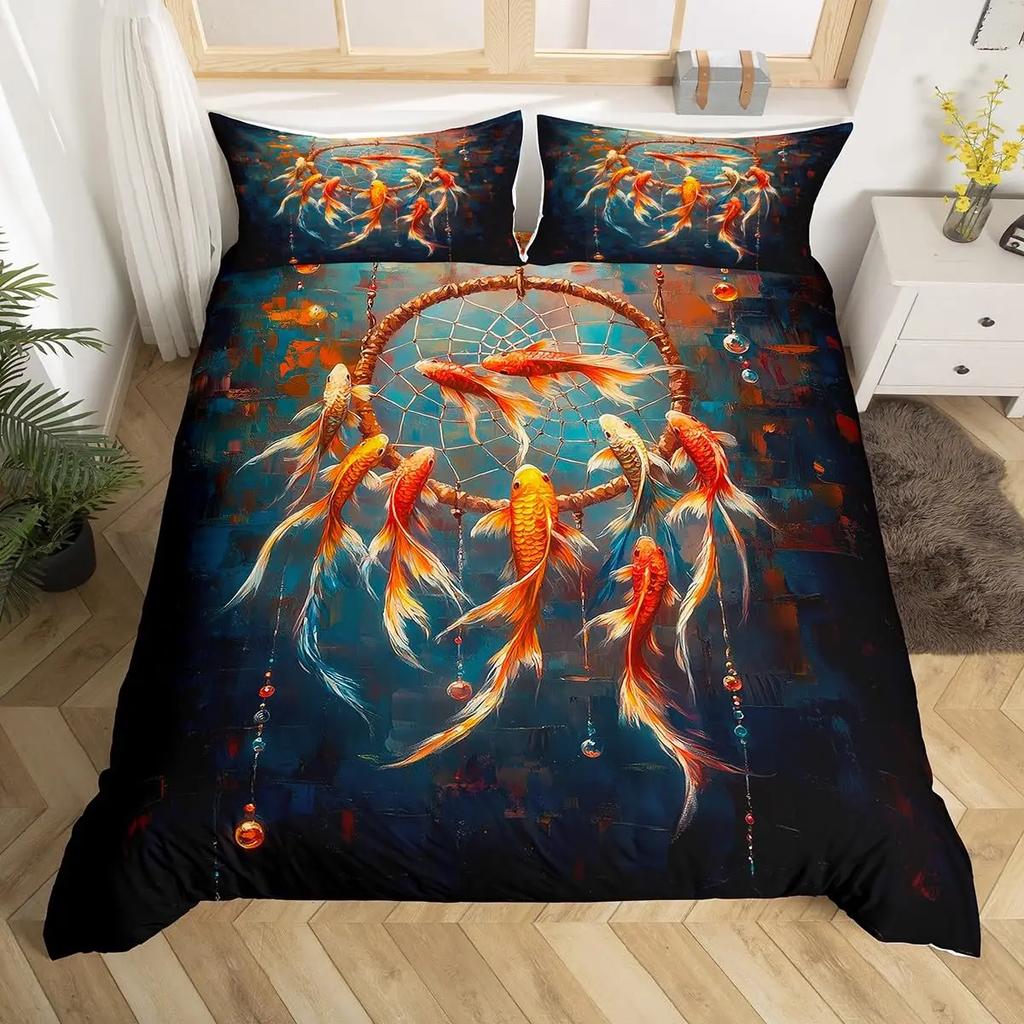 Goldfish Bedding Set Fantasy Yin Yang Fish Duvet Covet Cherry Blossom Flowers Theme Blue Sea Wave Breathable Bedding Set