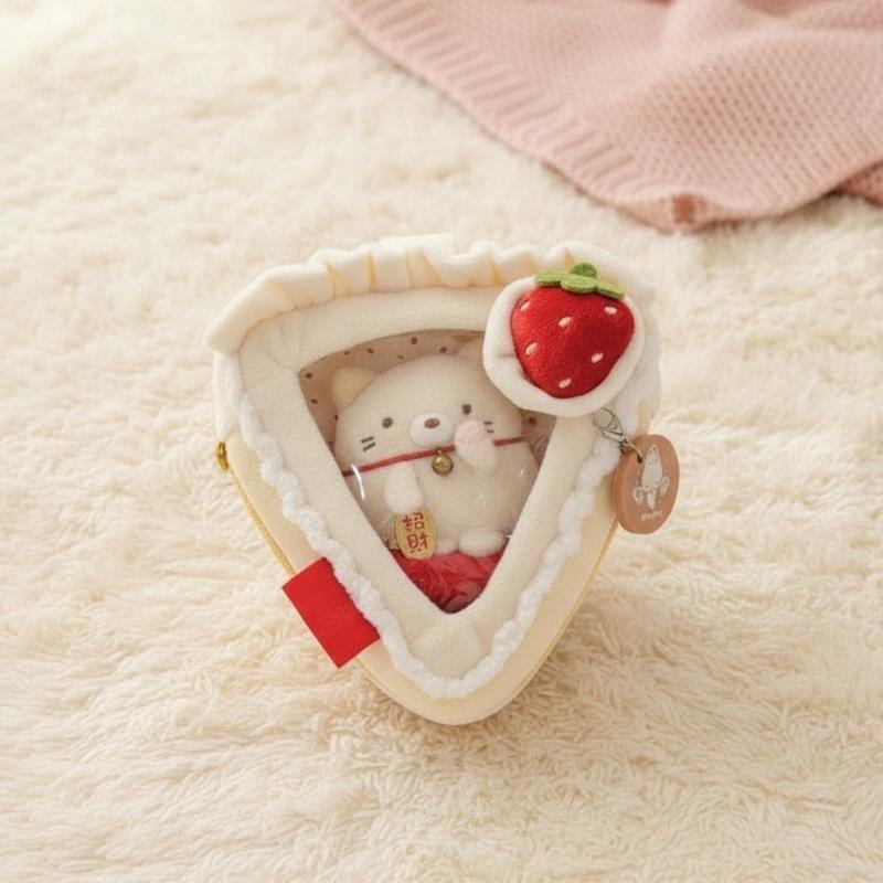 1Pcs Cute Storage Pouch Strawberry Cake Baby Bun Display Bag With Clear Window & Heart Keychain Charm For Anime Kpop Merch Decor