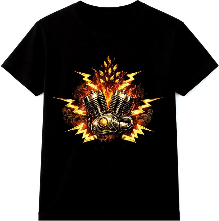 Motorcycle Engine T Shirt Flaming V Twin Biker Vintage Motor Graphic Tee S разноцветный