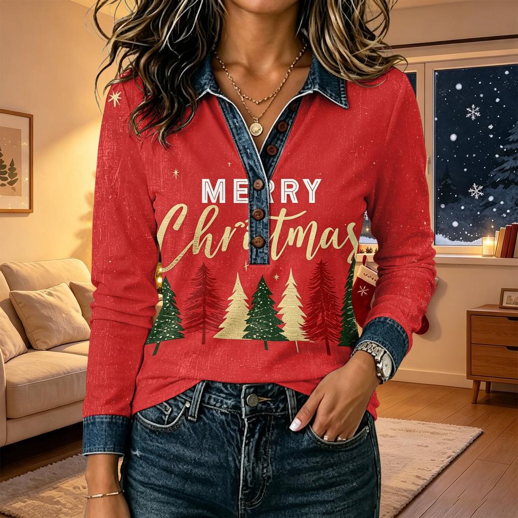 Women's Christmas Print Long Sleeve Top - Casual Loose Fit Patchwork Shirt with Shoulder
