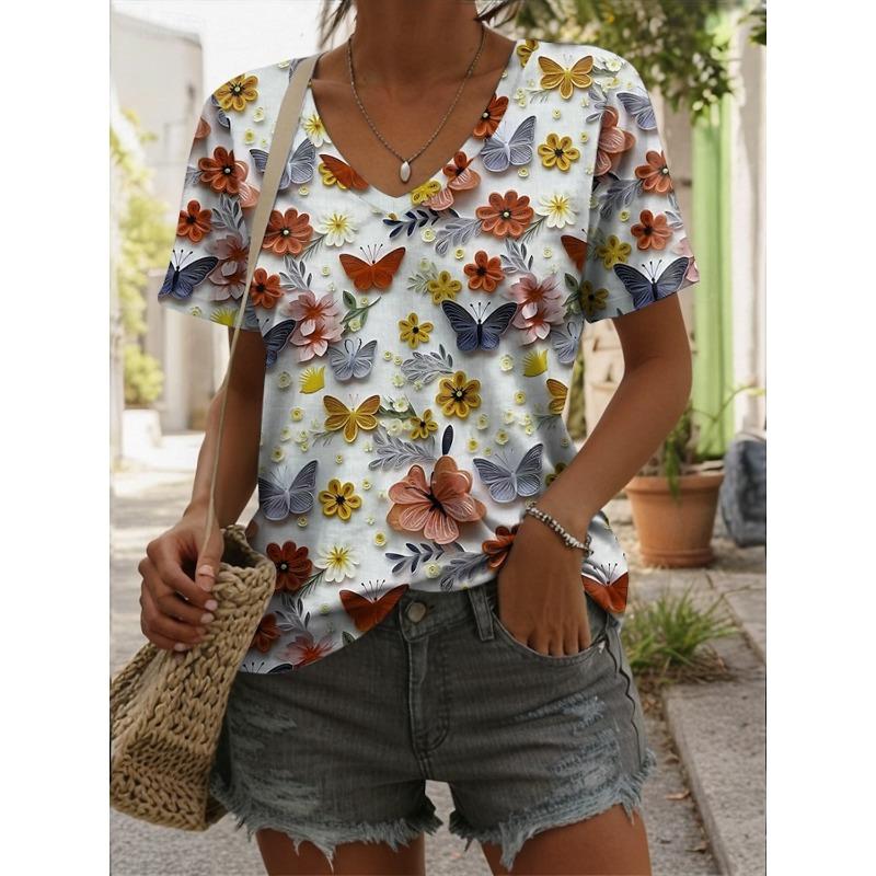 Women's Trendy T-Shirt Flowers Graphics Fashion Short Sleeved V-Neck Regular Tops Daily Print Tee Summer Y2K Casual Tops