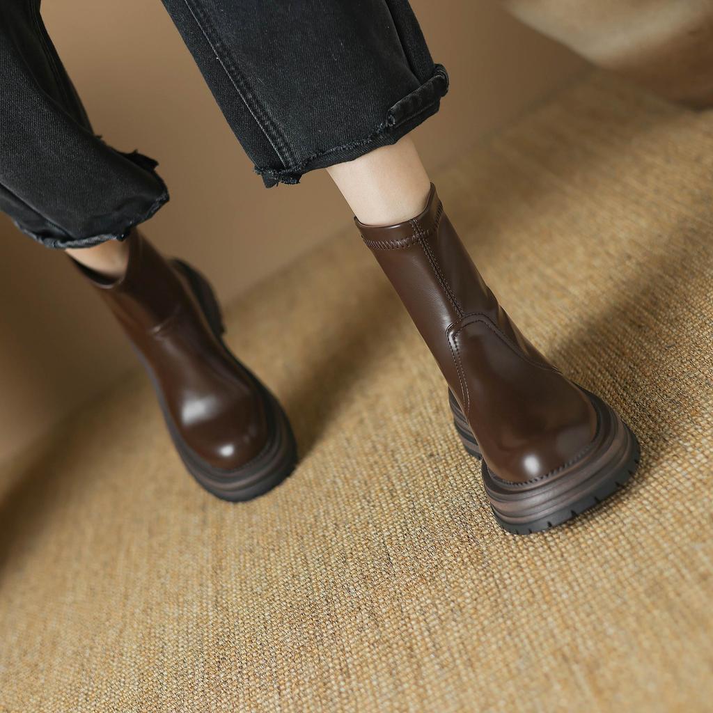 Krazing Pot Microfiber Autumn Winter Shoes Thick High Heels Zipper Platform Size 43 Motorcycle Boots Brown Color Ankle Boots