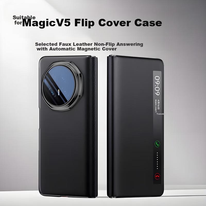 Custodia per telefono Honor Magic V5 Schermo Pieghevole Magnetica a Libro Vera Pelle Copertura Completa Antiurto Ultra-Sottile Finestra Intelligente Premium Business Unisex