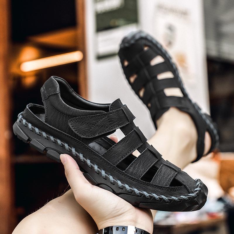 Fashion Outdoor Breathable Soft Soled Water Wading Beach Shoes Summer Fashion Men Plus Size Leather Hand Sewn Comfortable Casual Sandals