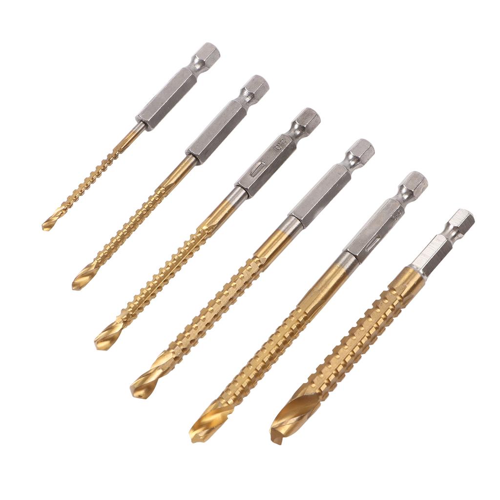 6PCS Serrated Drill Bit Set Straight Hex Shank Twist Woodworking Serrated Drill Bit Set with