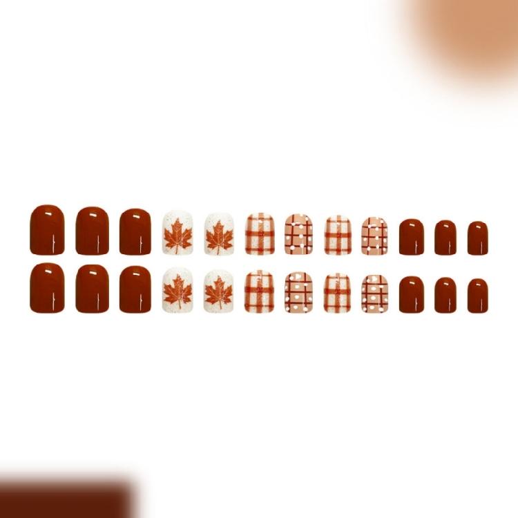 Autumn Theme Press On Nail Short Square 24 Piece Glossy Artificial Nail Set with Brown Plaids, Dot and Maple Leaf Detail for Easy Style Changes