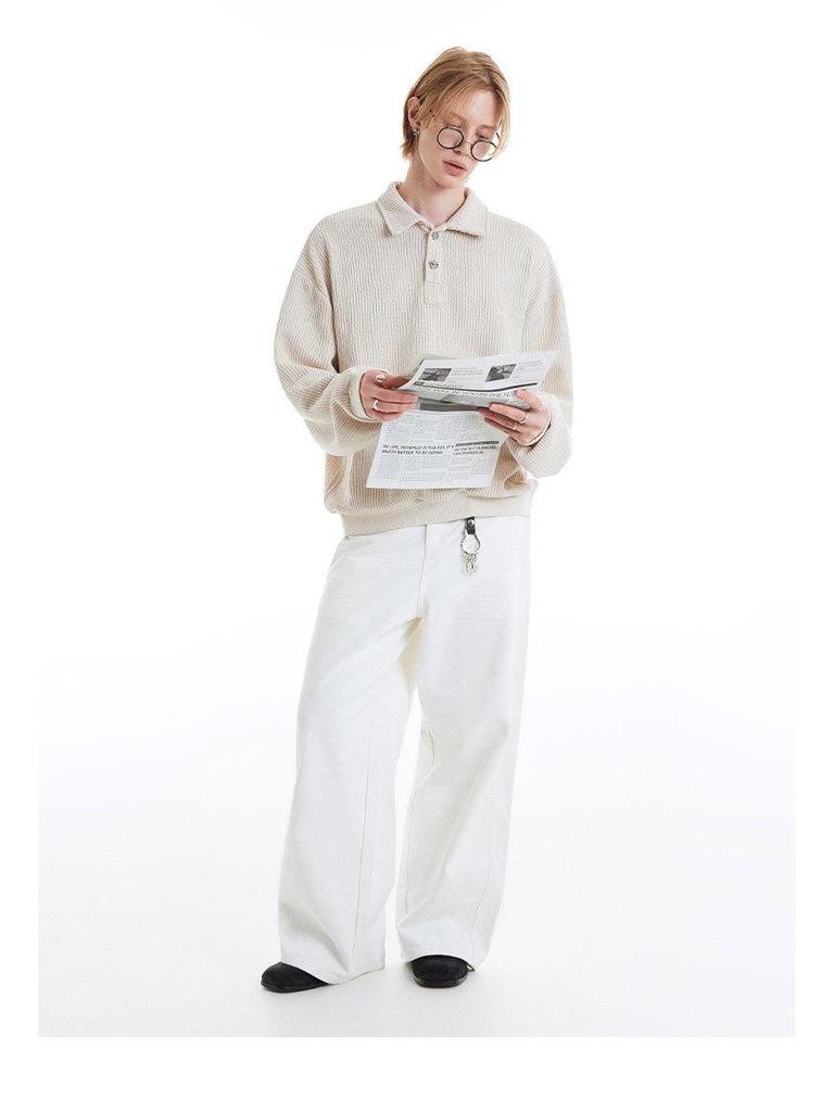 MADEEXTREME 380g Textured Vintage Preserved Flower Button Knit Long Sleeve Polo with Turn-Down Collar